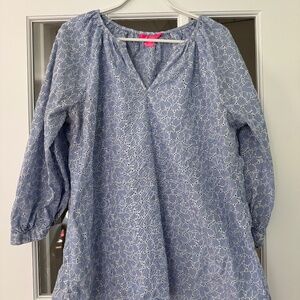 Lilly Pulitzer Willa Top, Cotton, Crew Blue w/ White Eyelets, 3/4 Sleeve, Large